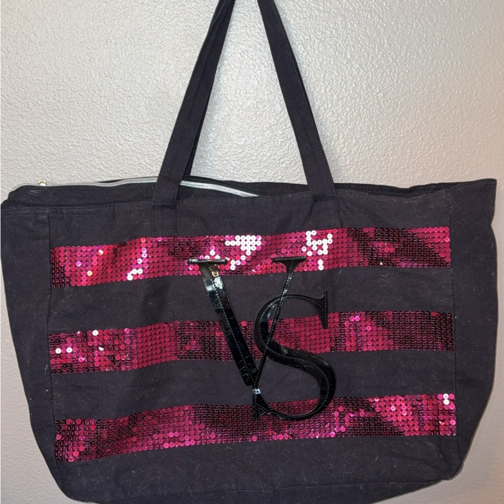 Victoria's Secret Black Tote with Pink Sparkle Stripes
